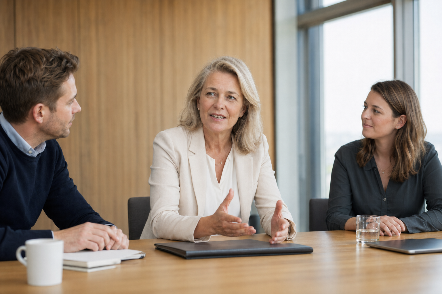 Geschäftsführerin im Strategiegespräch mit Mitarbeitenden zur betrieblichen Krankenversicherung
